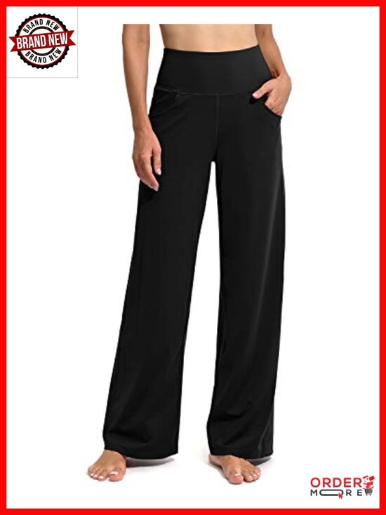 Pants - Wide Leg Yoga Pants High Waist Pockets Stretch Lightweight